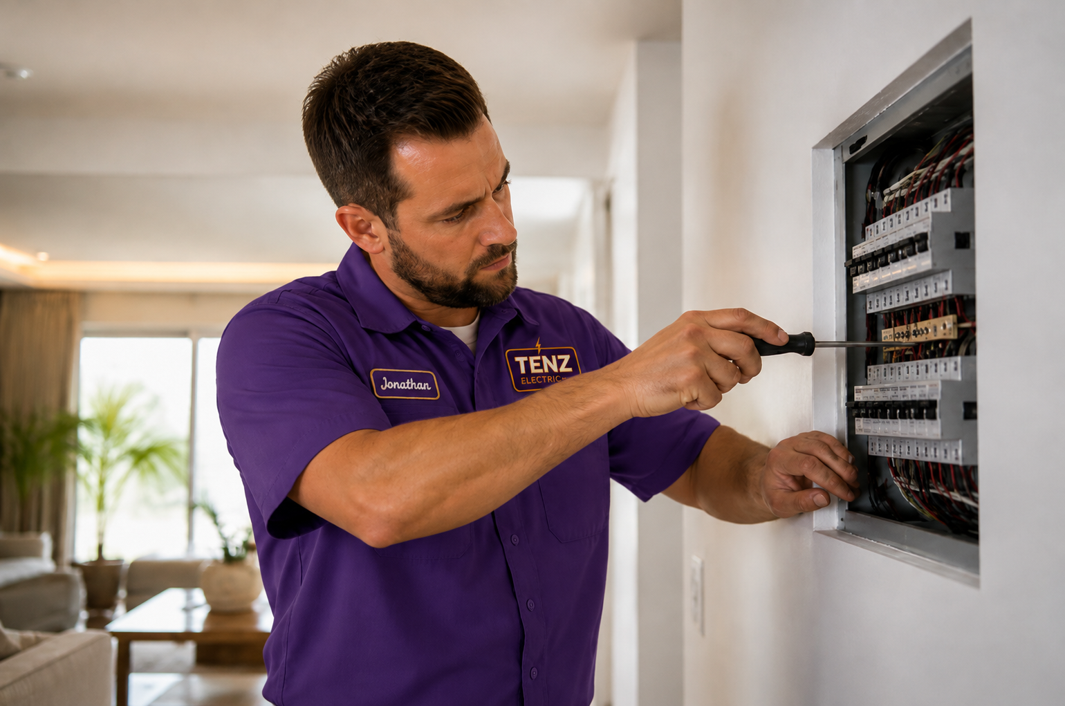 Tenz Electric electrician servicing a residential electrical panel